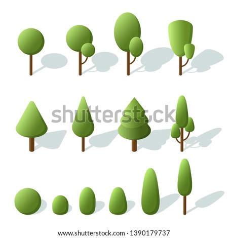 Set trees isometric. 3d trees for landscape design. Icons for city maps, games. Vector Illustration.