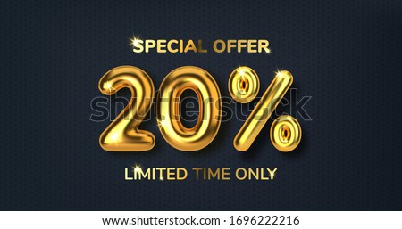 20 off discount promotion sale made of realistic 3d gold balloons. Number in the form of golden balloons. Template for products, advertizing, web banners, leaflets, certificates and postcards. Vector