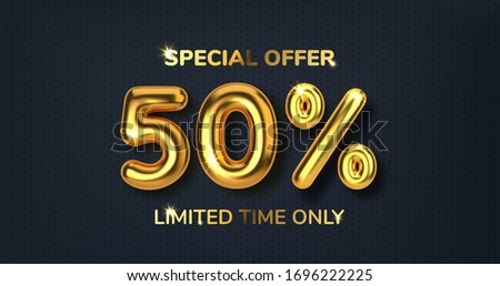 50 off discount promotion sale made of realistic 3d gold balloons. Number in the form of golden balloons. Template for products, advertizing, web banners, leaflets, certificates and postcards. Vector