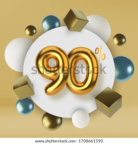 90 off discount promotion sale made of 3d gold text. Number in the form of golden balloons.Realistic spheres and cubes. Abstract background of primitive geometric figures.