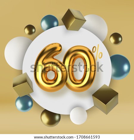 60 off discount promotion sale made of 3d gold text. Number in the form of golden balloons.Realistic spheres and cubes. Abstract background of primitive geometric figures.
