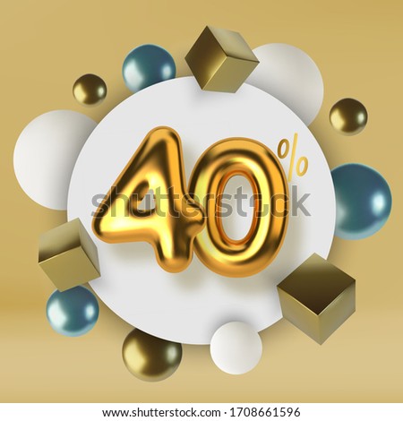 40 off discount promotion sale made of 3d gold text. Number in the form of golden balloons.Realistic spheres and cubes. Abstract background of primitive geometric figures.