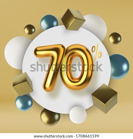 70 off discount promotion sale made of 3d gold text. Number in the form of golden balloons.Realistic spheres and cubes. Abstract background of primitive geometric figures.