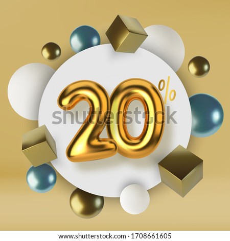 20 off discount promotion sale made of 3d gold text. Number in the form of golden balloons.Realistic spheres and cubes. Abstract background of primitive geometric figures.