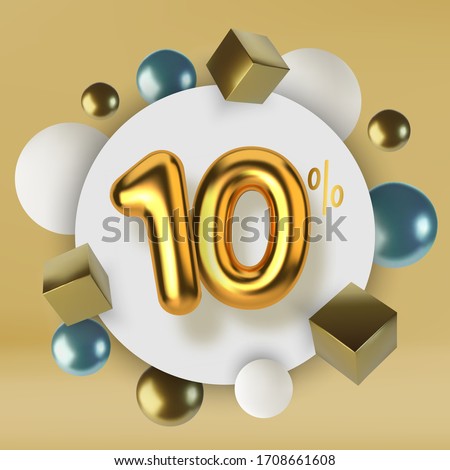 10 off discount promotion sale made of 3d gold text. Number in the form of golden balloons.Realistic spheres and cubes. Abstract background of primitive geometric figures.