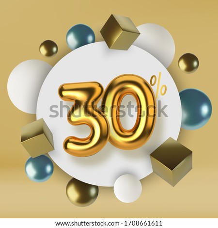 30 off discount promotion sale made of 3d gold text. Number in the form of golden balloons.Realistic spheres and cubes. Abstract background of primitive geometric figures.