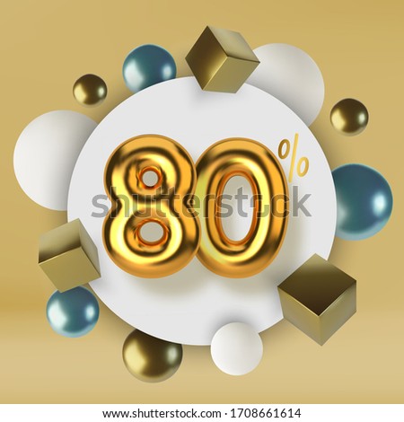 80 off discount promotion sale made of 3d gold text. Number in the form of golden balloons.Realistic spheres and cubes. Abstract background of primitive geometric figures.