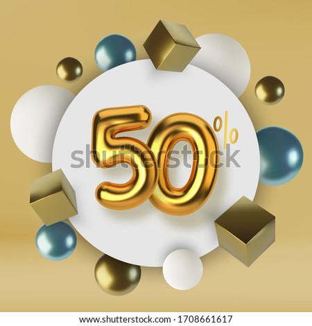 50 off discount promotion sale made of 3d gold text. Number in the form of golden balloons.Realistic spheres and cubes. Abstract background of primitive geometric figures.
