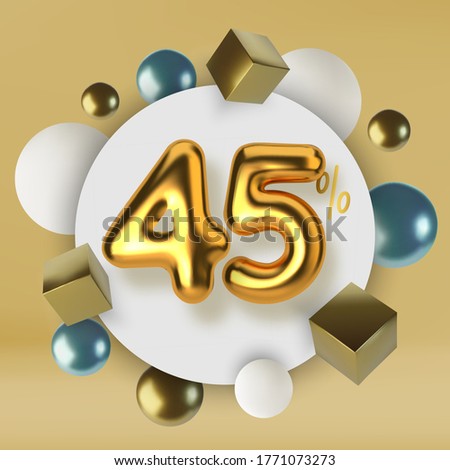 45 off discount promotion sale made of 3d gold text. Number in the form of golden balloons.Realistic spheres and cubes. Abstract background of primitive geometric figures.