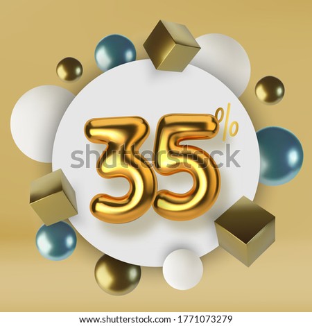 35 off discount promotion sale made of 3d gold text. Number in the form of golden balloons.Realistic spheres and cubes. Abstract background of primitive geometric figures.