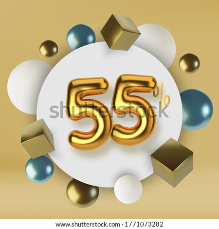 55 off discount promotion sale made of 3d gold text. Number in the form of golden balloons.Realistic spheres and cubes. Abstract background of primitive geometric figures.