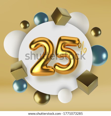 25 off discount promotion sale made of 3d gold text. Number in the form of golden balloons.Realistic spheres and cubes. Abstract background of primitive geometric figures.
