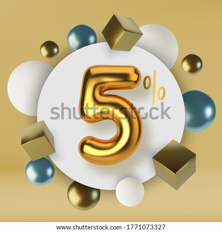 5 off discount promotion sale made of 3d gold text. Number in the form of golden balloons.Realistic spheres and cubes. Abstract background of primitive geometric figures.