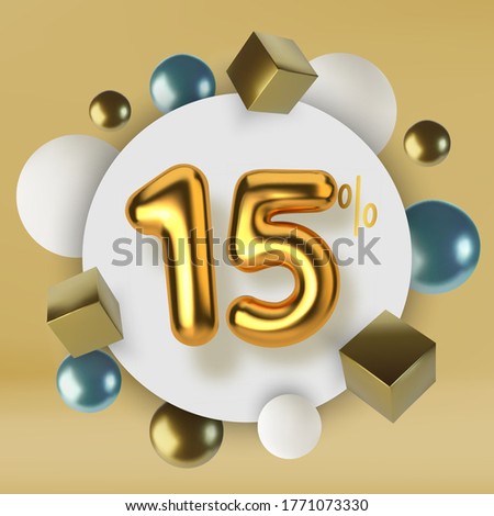 15 off discount promotion sale made of 3d gold text. Number in the form of golden balloons.Realistic spheres and cubes. Abstract background of primitive geometric figures.