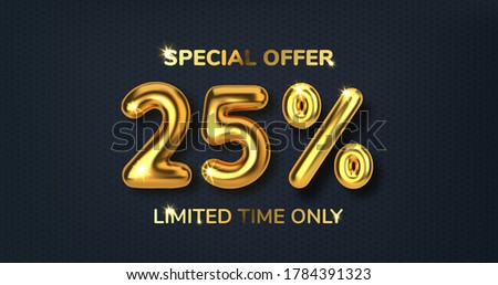 25 off discount promotion sale made of realistic 3d gold balloons. Number in the form of golden balloons. Template for products, advertizing, web banners, leaflets, certificates. Vector illustration