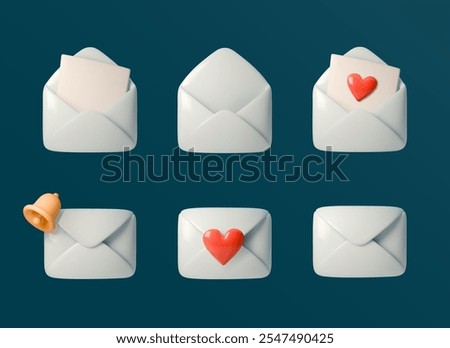 Set of 3D vector envelope icons featuring various designs: open envelopes, closed envelopes, with letters, hearts, and bell. Perfect for email, messaging, notifications, or communication themes