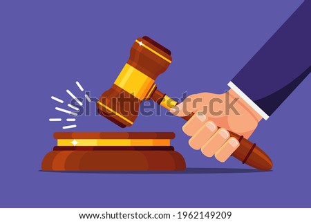 Judge Hammer's auction, court. Wooden judicial ceremonial hammer of the chairman in the hand with a figured handle, for passing sentences and bills, court, justice, with a wooden stand.