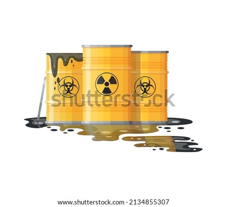 Barrels hazard liquid. Radioactive contamination of industrial waste, hazardous chemical materials, toxic environmental pollution, barrel danger substance vector. Illustration of radioactive pollution