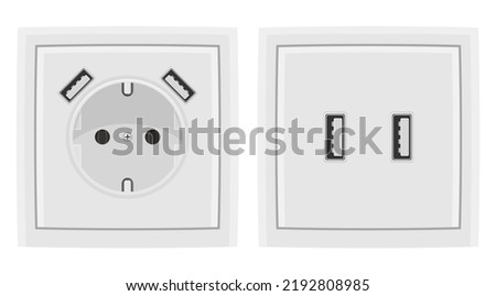 Electric European white sockets with usb connectors.
Isolated, realistic illustration.