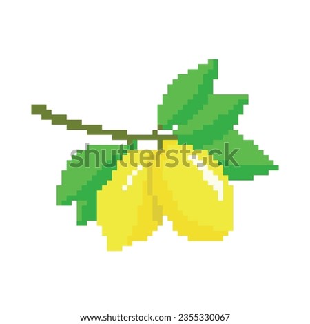 Yellow lemons with green leaves on a white background. lemon pixel art illustration. food icon vector. pixel design.embroidery.