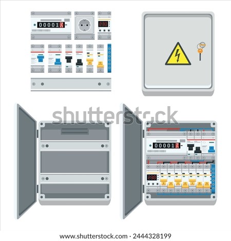 Fuse box. Types  and components of electrical. Electrical power switch panel with open and close door. Electricity equipment. Power Switch Panel. Vector illustration, isolated on white background.