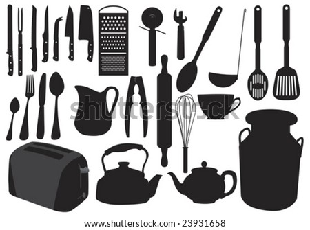 Illustration in silhouette of various items of kitchenware