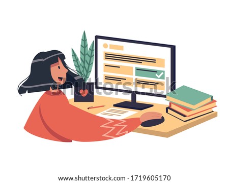Online learning vector stock illustration. The girl chooses the correct answer in test, smile. The concept of online learning at home, online test, distance learning. A brunette woman with dark skin.