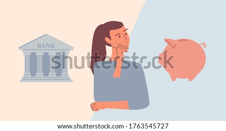 Woman choosing between bank and piggy bank vector illustration.  Concept of money savings, budget planning, investment, funding. Financial literacy. Bank building vs money box.