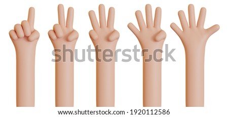 Hand counting from one to five isolated on white background. Set of stock 3D illustrations of palms with raised fingers. Communication gestures concept. Finger counter.