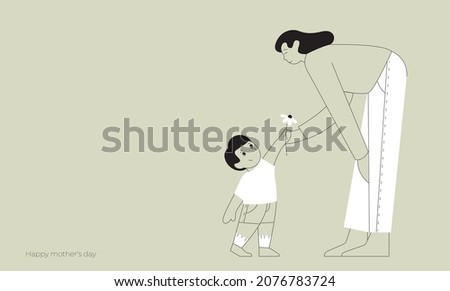 Mother's day greeting card. Child gifts mother a flower. Mom leans over to the little child to accept the gift. Vector illustration in simple minimal linear style.Template for print, websites.