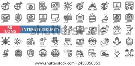 Internet security icon collection set. Containing internet, browser, application, operating system, network security, insecure, information exchange icon. Simple line vector