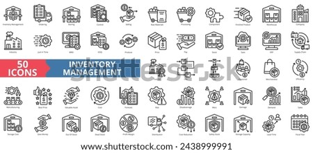 Inventory management icon collection set. Containing warehouse, company, industry, supply chain, storage, manufacturing, component icon. Simple line vector illustration.