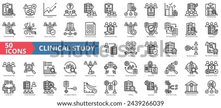 Clinical study icon collection set. Containing adverse event, baseline, double blind, blinding, case report form, endpoint, clinical trial icon. Simple line vector illustration.