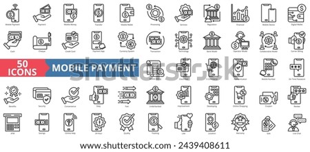 Mobile payment icon collection set. Containing money, transfer, authentication, process, services, regulation, financial icon. Simple line vector illustration.