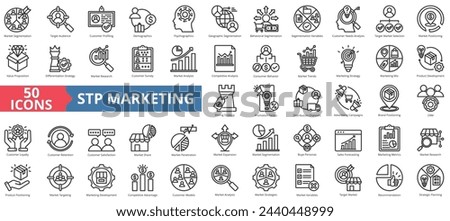 Stp marketing icon collection set. Containing target audience, customer needs, value proposition, loyalty program, marketing mix, retention, buyer persona icon. Simple line vector illustration.