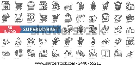 Supermarket icon collection set. Containing trolley, basket, grocery store, grocerant, parking area, self service, consumer icon. Simple line vector.