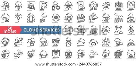 Cloud services icon collection set. Containing clients, web browser, mobile app, devices, machines, application, crm icon. Simple line vector.