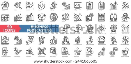 Business forecasting icon collection set. Containing prediction, analyze, data, trend, budgeting, accuracy, strategy icon. Simple line vector.