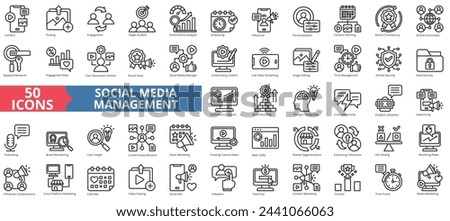 Social media management icon collection set. Containing content, posting, engagement, target audient, performance analysis, scheduling, influencer icon. Simple line vector.