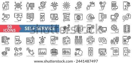 Self service icon collection set. Containing automation, kiosk, convenience, digitalization, customer centric, user friendly, diy icon. Simple line vector.