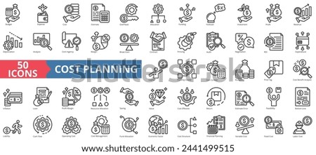 Cost planning icon collection set. Containing budget, expense, investment, estimate, overhead, allocation, funding icon. Simple line vector.