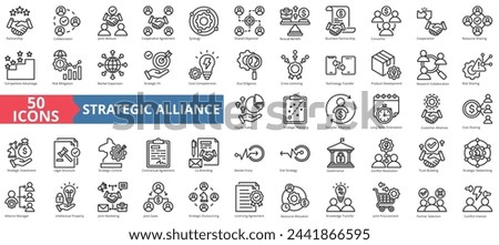 Strategic alliance icon collection set. Containing partnership, collaboration, joint venture, cooperative agreement, synergy, shared objective, mutual benefit icon. Simple line vector.