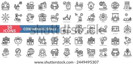 Coworking space icon collection set. Containing workers, cost savings, share, convenience, receptionist, home office, remote icon. Simple line vector.