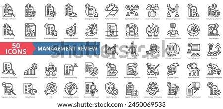 Management review icon collection set. Containing goal, objective, KPIS, strategy alignment, performance metric, stakeholder feedback, customer satisfaction icon. Simple line vector.