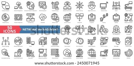 Computer network icon collection set. Containing management, configuration, monitoring system, trouble shooting, performance, security, digital infrastructure icon. Simple line vector.
