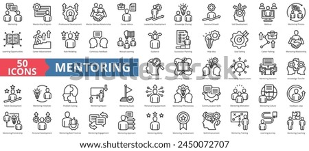 Mentoring icon collection set. Containing program, professional development, mentee relationship, career advice, leadership, knowledge sharing, personal growth icon. Simple line vector.