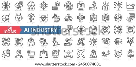 Artificial intelligence icon collection set. Containing machine learning, deep, neural network, data science, automation, computer vision, robotic icon. Simple line vector.