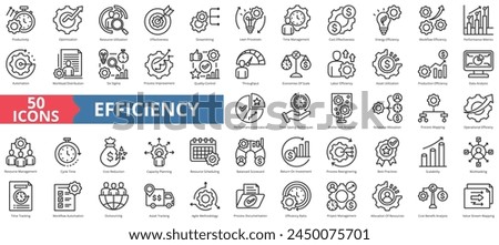 Efficiency icon collection set. Containing productivity, optimization, resource utilization, effectiveness, streamlining, lean processes, time management, cost icon. Simple line vector.