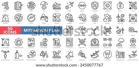 Mitigation icon collection set. Containing preparedness, disaster, risk, reduction, strategy, resilience, vulnerability icon. Simple line vector.