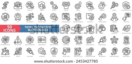 Total productive maintenance icon collection set. Containing equipment, break, reliability, time, inspection, efficiency, preventive icon. Simple line vector.